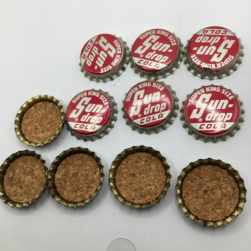 11 Vintage Sun-Drop Cola Bottle Caps Super King Size Cork Lined Oshkosh WI Soda - Picture 2 of 3